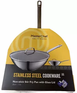 MasterChef TV Series Stir Fry Pan Glass Lid Stainless Steel Cookware 11" Teflon - Picture 1 of 5