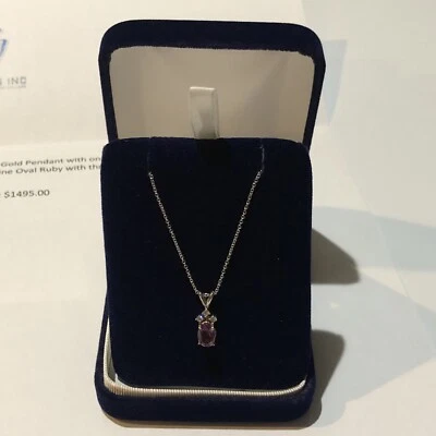 White Gold 1.47ct Genuine Ruby & Three .03ct Diamonds Pendant w/ 18k Necklace - Image 1 of 4