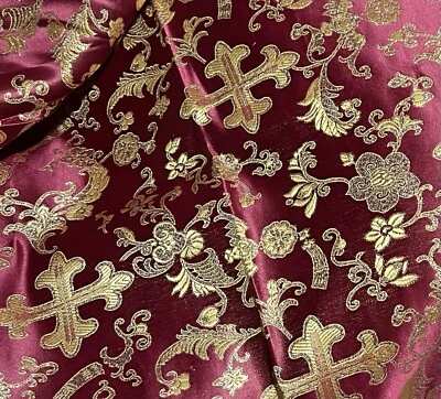 Burgundy Gold Metallic Church Cross Brocade Fabric 60” Width Sold By The Yard - Image 1 of 2