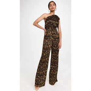 NWT RAMY BROOK Gold Black Floral Velvet One Shoulder Wide Leg Jumpsuit Size 12 - Picture 1 of 11