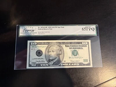 DBR 1999 $10 FRN Dallas STAR Gem Fr. 2034-K* Legacy 65 PPQ Serial BK01768715* - Image 1 of 2