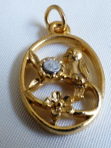 New Gold Plated Oval Genuine Diamond Pendant Charm Bird & Flowers - Picture 1 of 7