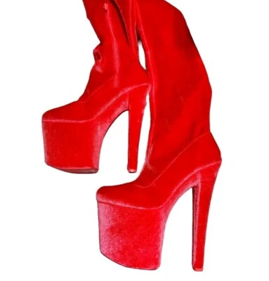 HUSTLER HOLLYWOOD XTRA Red Velvet Over The Knee TWERK Platform Thigh Boots Sz 9M - Image 1 of 4