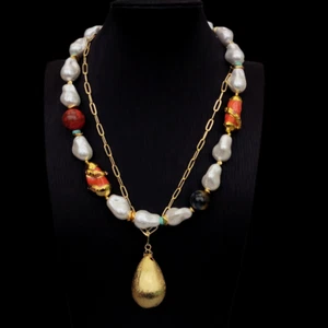 White Sea Shell Pearl Orange Coral Tiger Eye Necklace Brushed Pendant - Picture 1 of 9