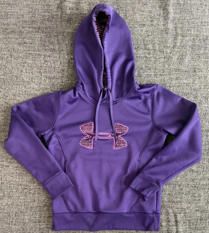 Womens Under Armour Hooded Sweatshirt Purple Gray Large Logo SM/P - Image 1 of 4