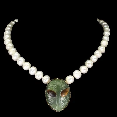 925 Silver Necklace Aventurine Spiderman Carving Pearl Handmade Jewelry 17inch - Image 1 of 4