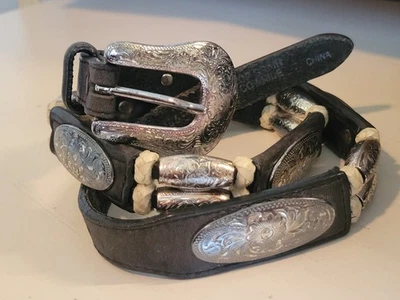 Justin Western Vintage cuero de vaca cuero negro 1995, cuentas de plata, talla 30 Foto 1 de 4