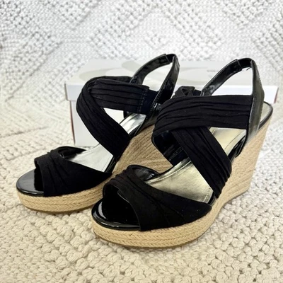Style & Co Rozz Black Tan Platform Wedge 5.5 M Shoe New Peep Toe Hemp Heel Tan - Image 1 of 4