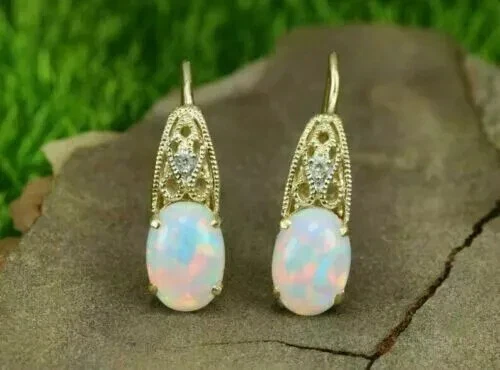 2.3Ct Oval Cut Lab Created Fire Opal Hoop Wedding Earring 14K Yellow Gold Plated - Image 1 of 4