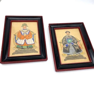 2 Antique Chinese Ancestor Portraits Hand Painted Silk Gilded Framed 12.5x9.5  - Picture 1 of 12
