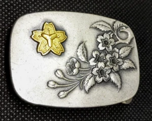 Japanese Firefighter Belt Buckle, Cherry Blossom & Gold Mark, Vintage Alloy - Picture 1 of 14