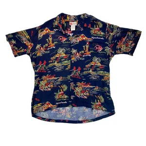 Hilo Hattie Volcano Shirt XLarge Black Red Yellow Hula Girls Palms Hawaii Aloha - Picture 1 of 7