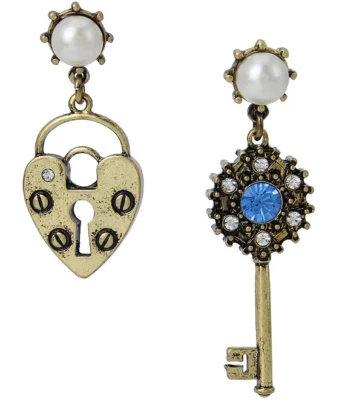 Betsey Johnson Heart Lock & Key Mismatch Drop Earrings in a Box - Image 1 of 3