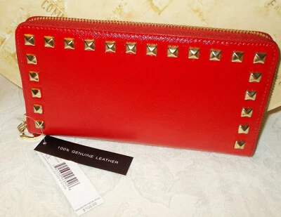 Cartera sin asas DKNY de cuero Saffiano roja tachonada grande acordeón cremallera nueva con etiquetas Foto 1 de 3