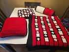 4 Pc Hand Made Crochet Pillows And Afhgan Throw Blanket 60x55 Red Black And...