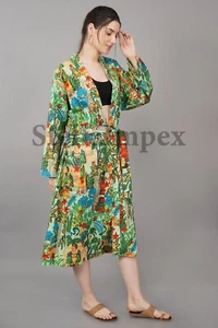 Trendy Cotton Kimono Elegant Green Bathrobe Resort Wear Beach Bikini Cover-ups - Picture 1 of 6