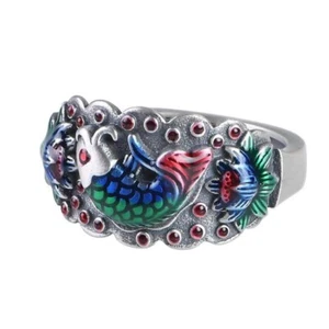 Retro Silver Fashion Koi Fish Lotus Ring Opening - Picture 1 of 11