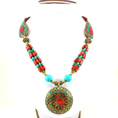 Pendant Necklace Natural Tibetan Turquoise Red Quartz Gemstone Handmade Beaded - Image 1 of 4