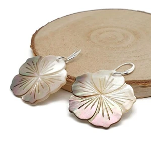 Earrings Carved Shell Flower Natural Abalone Dangle Drop Sterling Silver Hooks - Picture 1 of 30