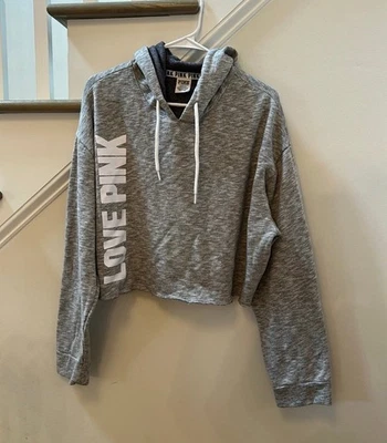 Victoria's Secret розовый укороченный толстовка с капюшоном женщин размер большой серый белый активный спорт - Изображение 1 из 4