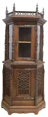 Antique Cabinet, Vitrine, Display, French Gothic Revival, Carved Wood, 1800s! - Image 1 of 4