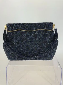 Vintage Seed Beaded Blue Gold Evening Bag Purse Carnival Glass Beads Scalloped - Picture 1 of 10