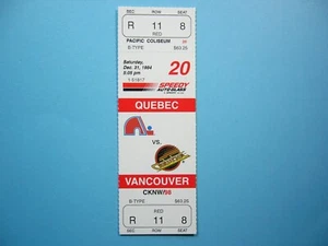 1994/95 VANCOUVER CANUCKS QUEBEC NORDIQUES NHL HOCKEY TICKET STUB UNUSED SHARP!! - Picture 1 of 3