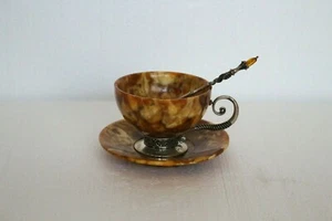 Russian Silver Mounted Amber Cup, Spoon and Saucer - Picture 1 of 6