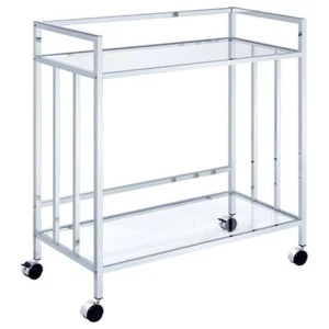 Coaster Glass Bar Cart Rectangular 2-Shelves Locking Casters Chrome + Clear - Picture 1 of 9