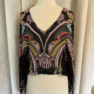 Free People Sheer Blouse M Black Beneath The Sea Batwing Crop Artsy Boho Fairy - Picture 1 of 11