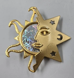 VINTAGE Gold Sun & Moon Face w/Holographic Stars Pin Brooch - Picture 1 of 4