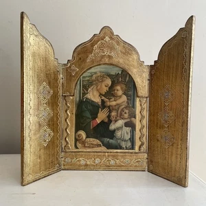 Vintage Florentiner Triptychon 12 Zoll Madonna & Kind Lippi Gold Holz große Größe wunderschön - Bild 1 von 9
