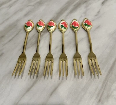 6 Dessert Forks 24k Gold Plated Stainless Steel Cosmos Pink Hibiscus Vintage - Image 1 of 4