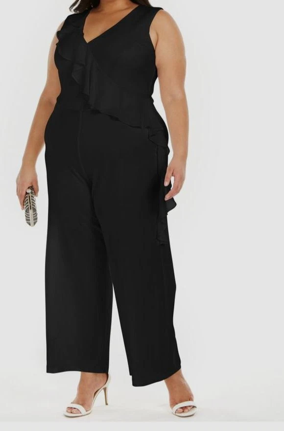 Connected Womens Black V-Neck Sleeveless Ruffle-Trim Jumpsuit Plus Size 22W