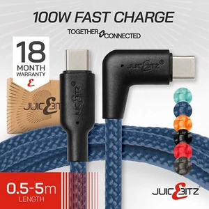 JuicEBitz® USB C to USB C Right Angle 100W Fast Braided Phone Charger Cable Lead - Picture 1 of 84