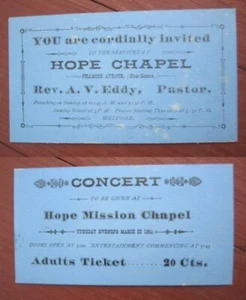 1885 Pair Buffalo NY Mission Hope Chapel CONCERT TICKETS Serman Invitation Card - Picture 1 of 1
