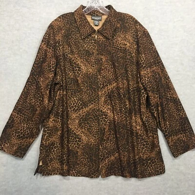 Notations 2X Leopard Print Faux Suede Jacket Two-Way Zip Shoulder Pads Slits - Image 1 of 4