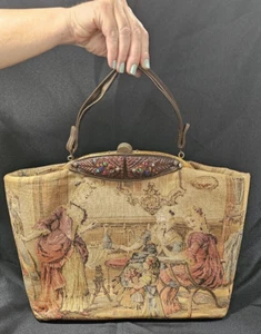 Bolso de mano vintage Stylecraft Miami tapiz escena de salón cartera con cierre de joyas de imitación - Imagen 1 de 14