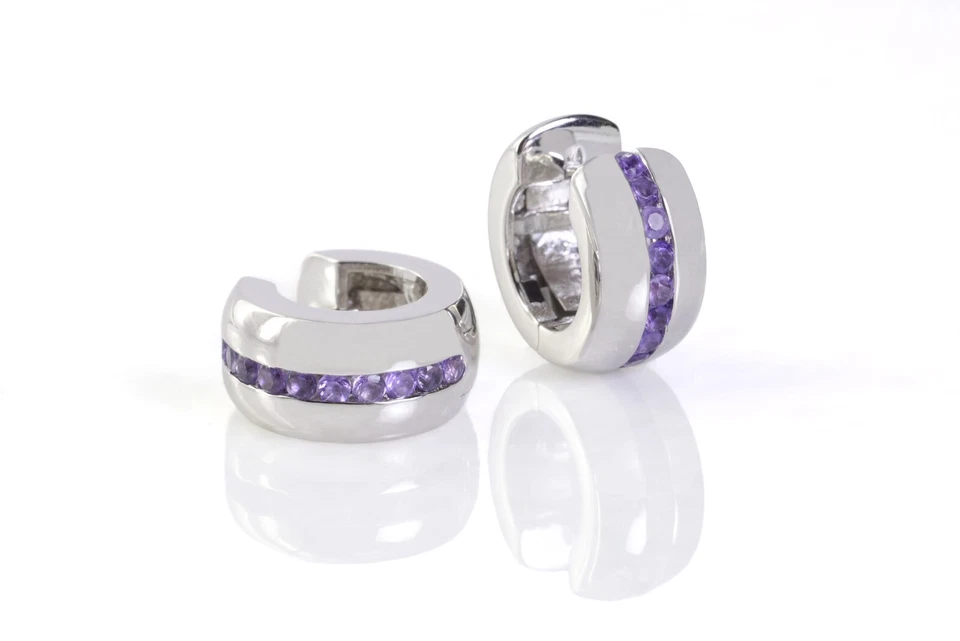 Amethyst Hoop Earrings 925 Silver 16mm Rhodium Plated  Style - Image 1 of 4