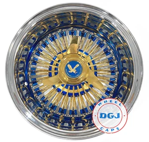 Llantas de rueda de alambre Lowrider DGJ WHEELS 13x7 Rev 72 de encaje recto azul caramelo y dorado - Imagen 1 de 10