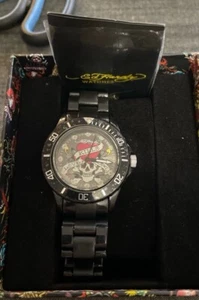 ED HARDY MENS BLACK SKULL LOVE KILLS SLOWLY WRIST WATCH - NEW IN ORIGINAL BOX - Picture 1 of 4