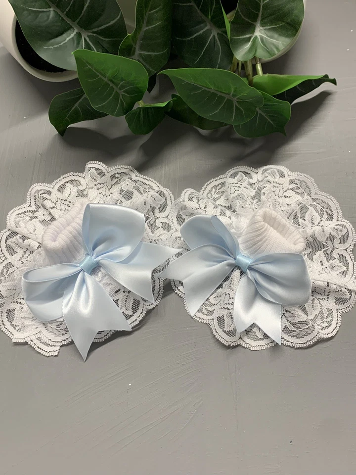 Romany/Spanish Frilly Socks Size 0-0 Months White Lace And A Baby Blue Bow - Image 1 of 1