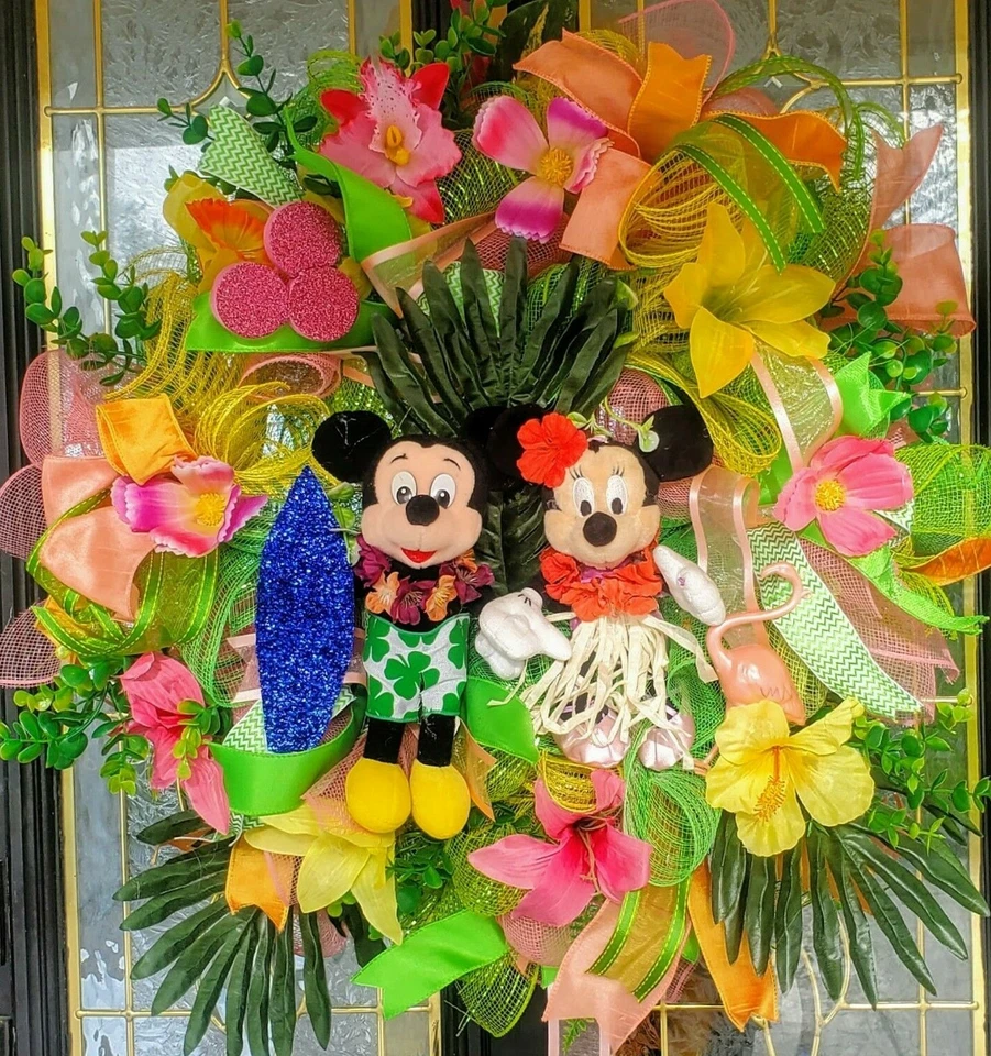 Corona de pared Mickey Minnie primavera verano puerta delantera 24 pulgadas decoración floral hecha a mano Foto 1 de 4