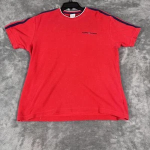 Vintage Tommy Jeans Red T-Shirt Navy Shoulder Stripes Logo Tee L 90s Y2K Style - Picture 1 of 4