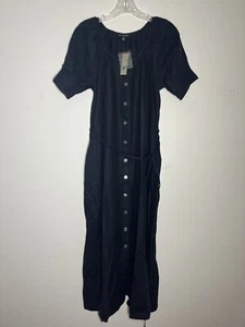 J Crew Button Up Midi Dress Linen Womens XXS Black Puff Sleeves A Line Tie Waist - Picture 1 of 10