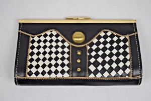 Leather Clutch Purse VTG 20s-50s Woven Black White Harliquin Checkerboard~Clasp - Picture 1 of 7