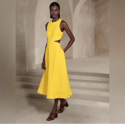 NWT BANANA REPUBLIC LINA LINEN CUTOUT MIDI DRESS YELLOW SIZE 4 - Image 1 of 4