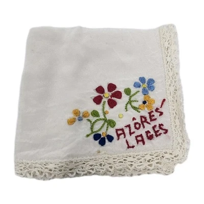 Vintage Portuguese Azores Handkerchief Embroidered Floral Corner Linen  - Image 1 of 4