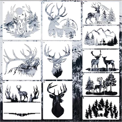 11 Pcs Deer Stencils Forest Mountain Tree Deer Head Stencils for Wood Burning St - Image 1 of 4