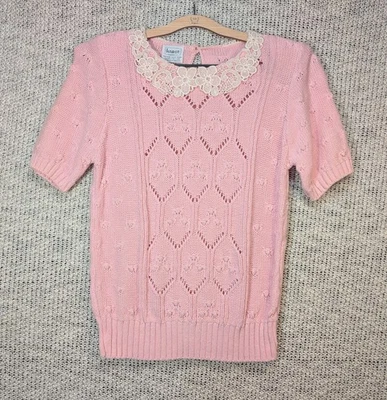 Suéter de encaje de manga corta tejido rosa Harot vintage de los años 80 con cuello talla S Foto 1 de 4